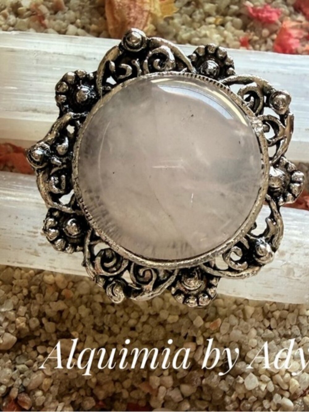 Oversized Silver Filigree Ring with Soft Pink Rose Quartz Cabochon
